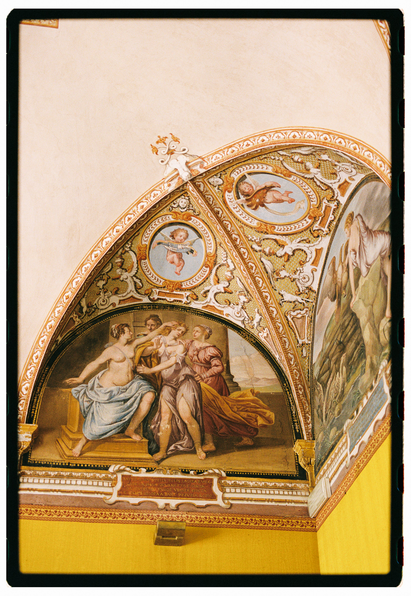 villa-corsini-wedding-11 Film photograph of ornate ceiling frescoes